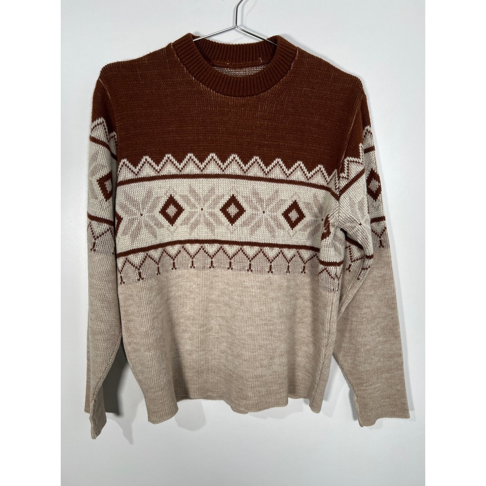 Vintage Brown Tan Fair Isle Snowflake Crewneck Sweater Cabin Core Apres Ski XL
